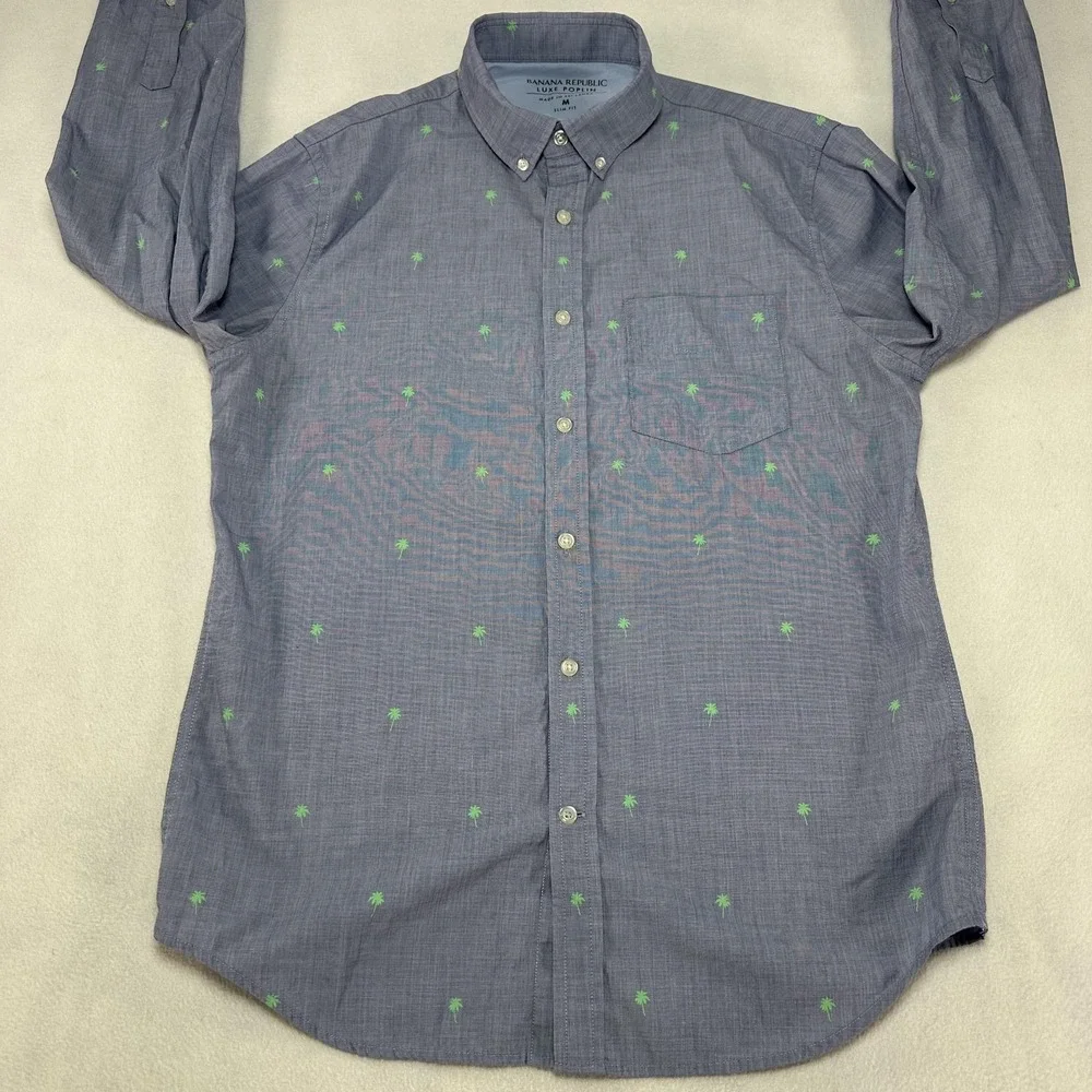 Banana Republic Shirt‎ Mens Medium Blue Palm Tree Luxe Poplin Slim Fit Casual